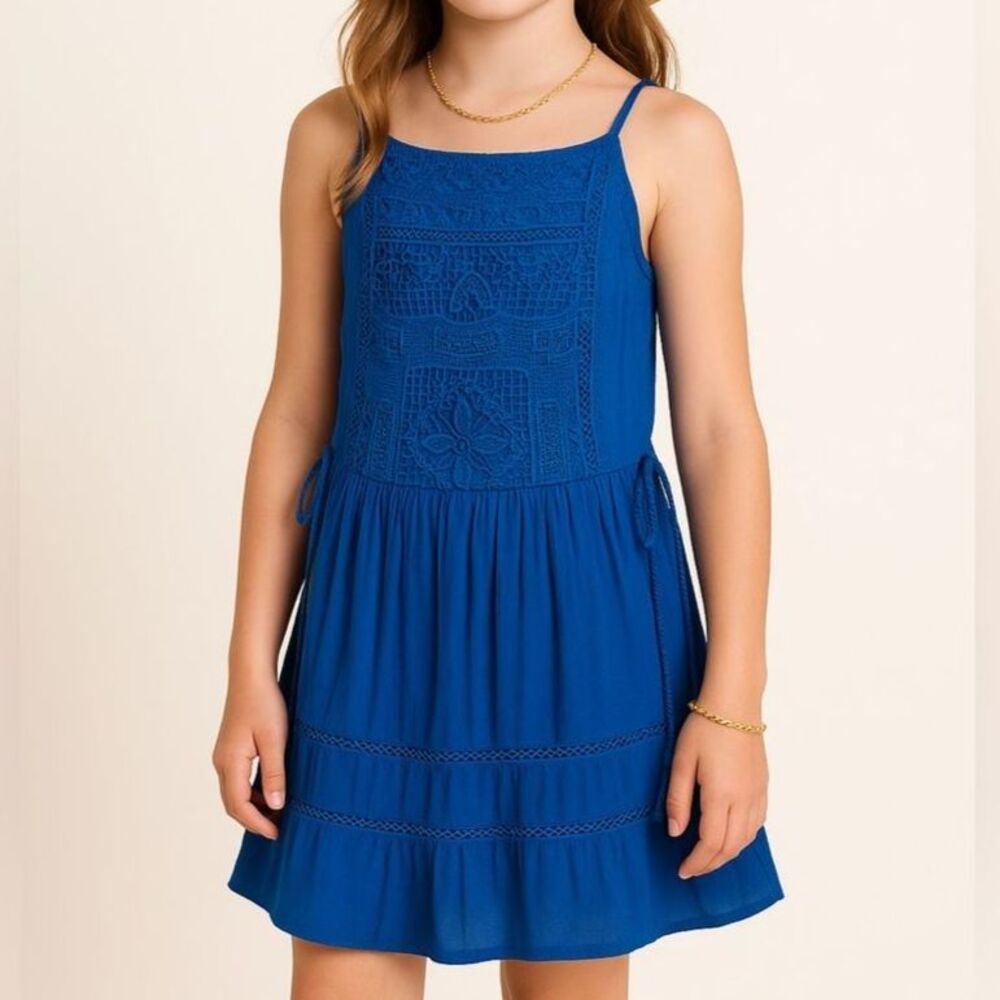 GB Girls Medium Blue Embroidered Dress Boho Tiered Sundress NWT